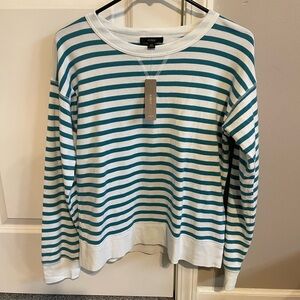 J. Crew Teal and White Striped Crew Neck Sweater